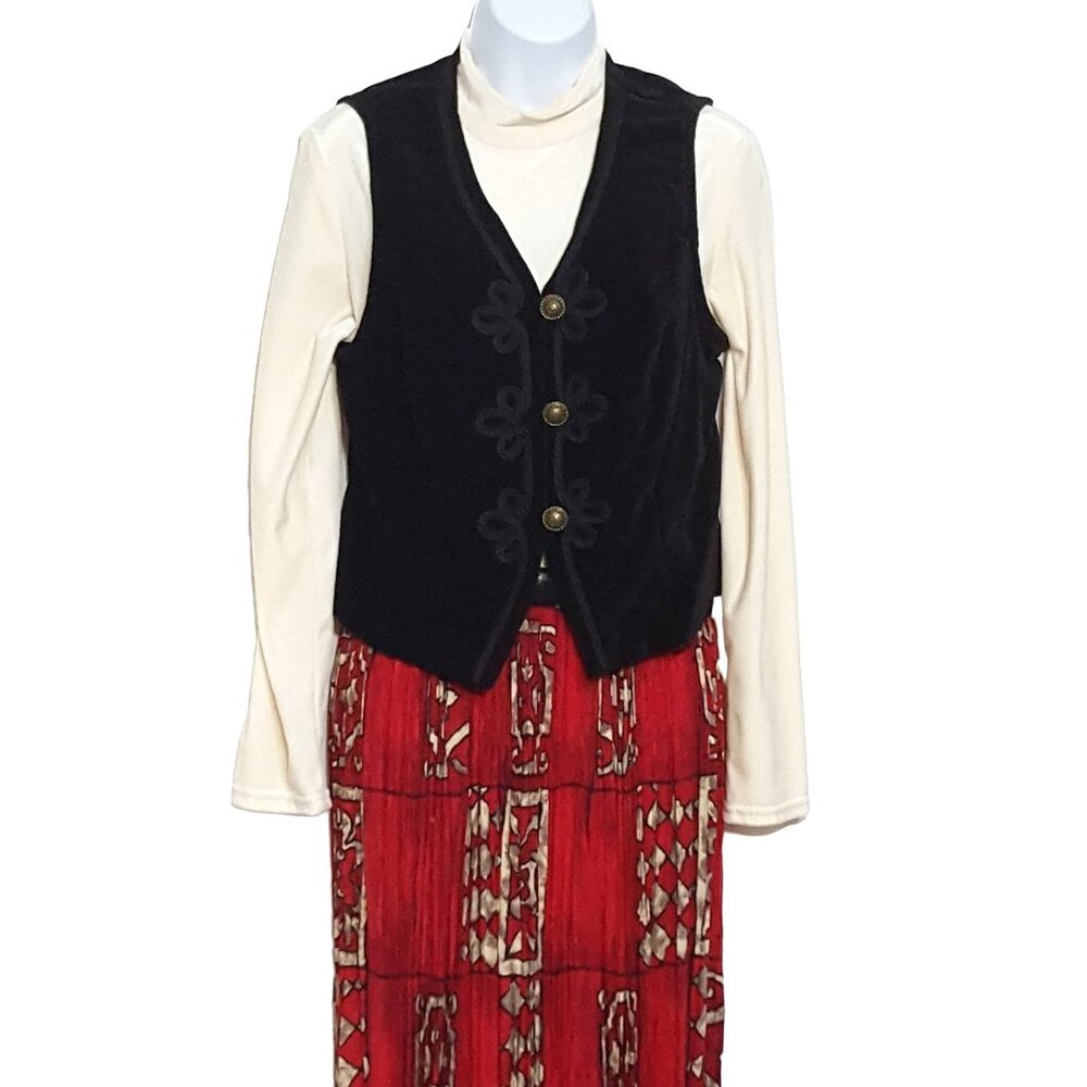 Vintage 90s Womens Dress Western‎ Vest Crinkle Broomstick Skirt S Velour Top